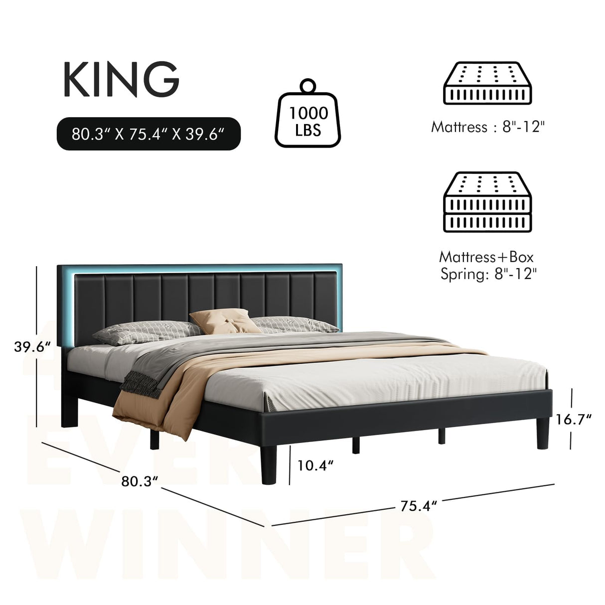 IMMERSTABLE King Size Upholstered Bed Frame with LED Lights and Storage IMMERSTABLE