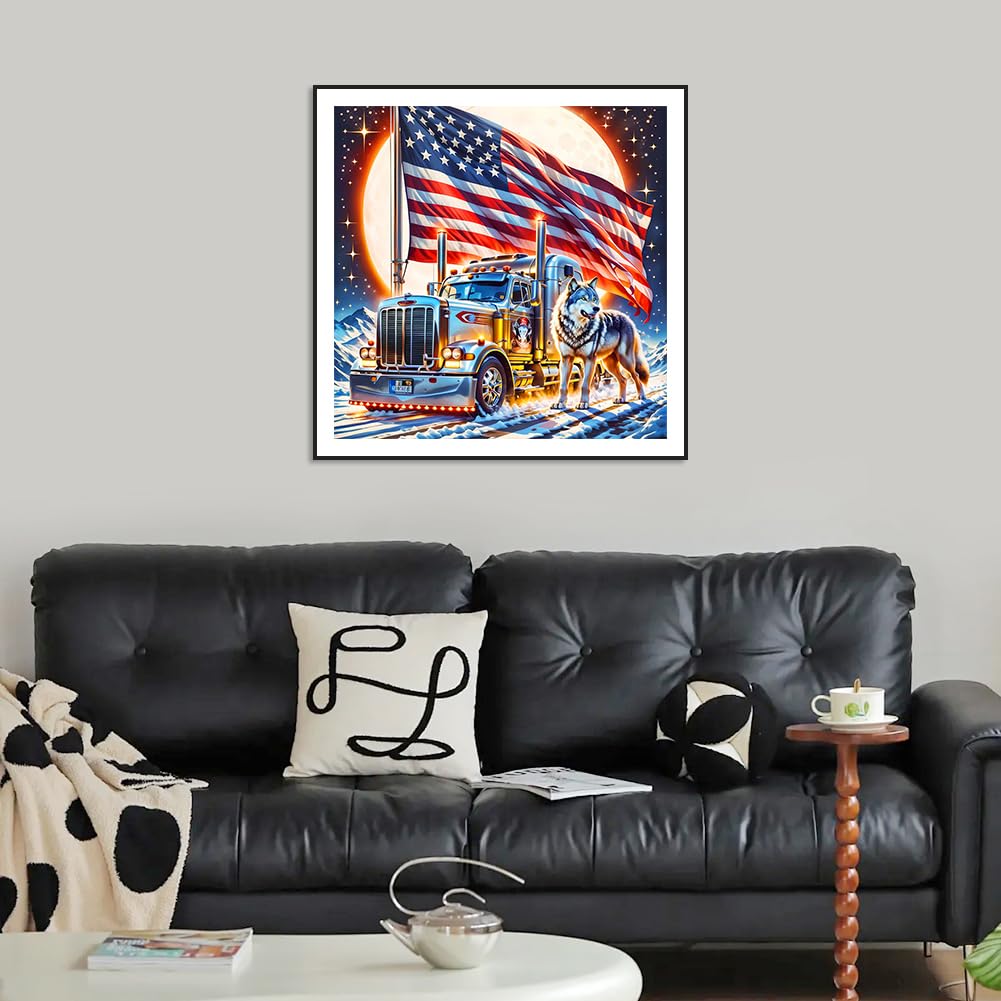 AMORARS 5D Diamond Painting Kit for Adults, American Flag Truck Diamond Art Beginners -Wolf Round Full Diamond Dot Gem Art Paintings, Suitable Gifts, and Home Decoration Crafts, 12x12Inch AMORARS