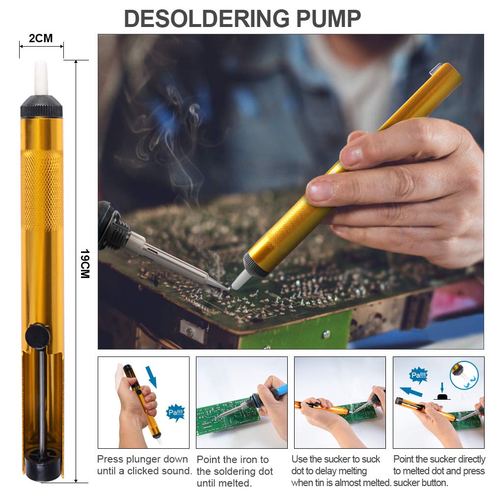 Soldering Iron, Soldering Iron Kit Electronics, 60W Adjustable Temperature Welding Tool, 5pcs Soldering Iron Tip, Soldering Iron Stand, Desoldering Pump, Tweezers, Solder Wire, Rosin, Carry Bag HANDSKIT