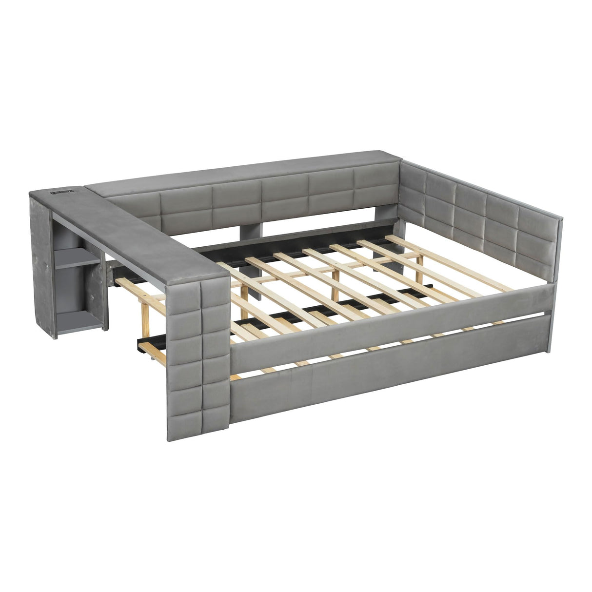 Bellemave Full Corner Bed Frame with Trundle and Storage Shelves and Desk, Wood Full Size Upholstered Daybed with Trundle and Charging Station, Gray Bellemave
