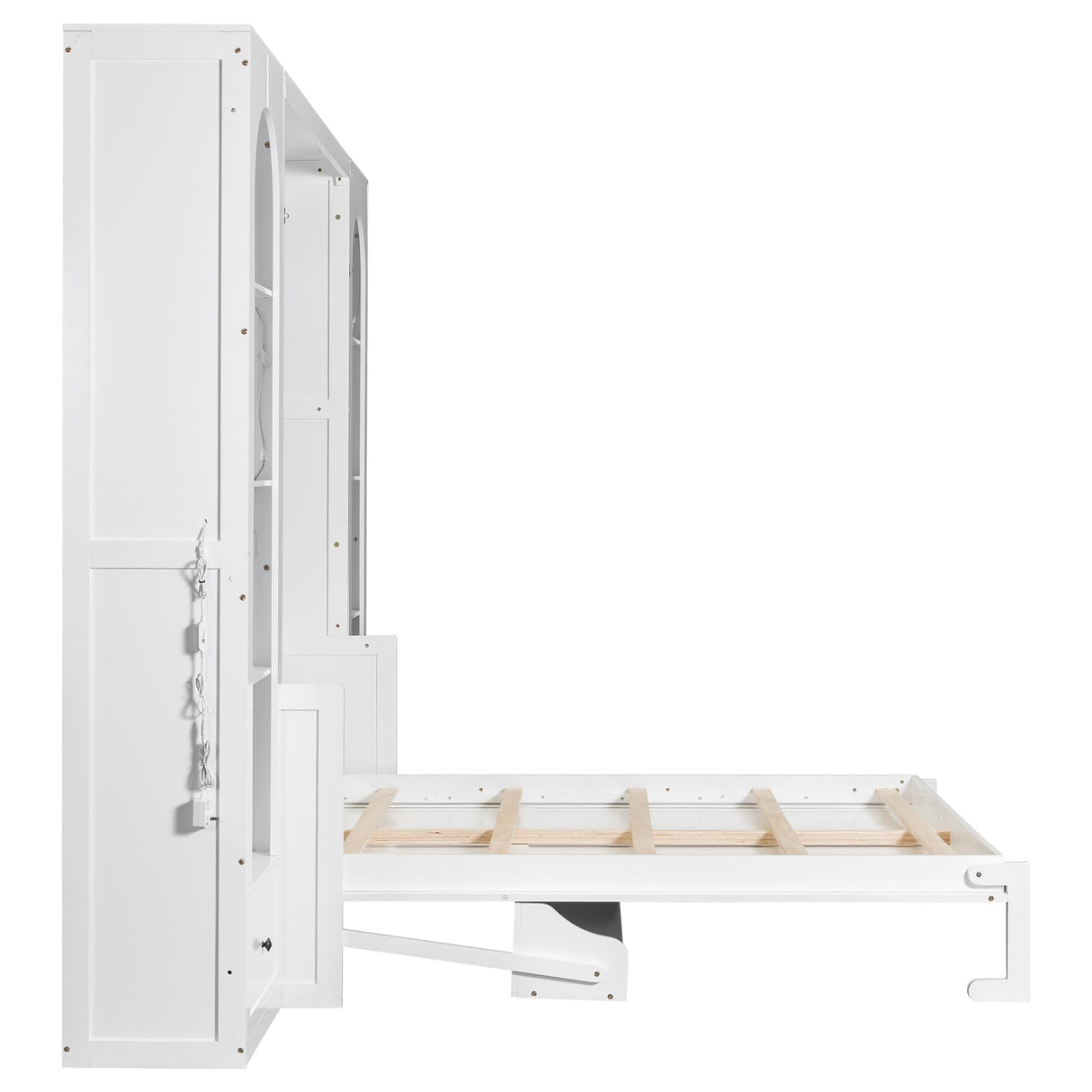 Elegant Queen Size Murphy Bed with Shelf, Side Cabinets, Drawers and LED, Cabinet Folding Wall Bed with Desk Combo Perfect for Guest Room, Office (White-2) Quarte