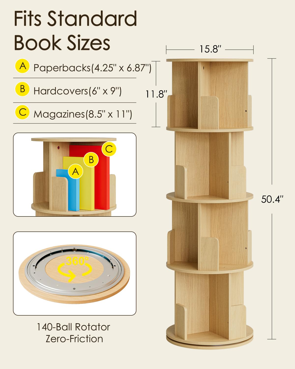 Masupu Rotating Bookshelf, Tall 4 Tier Rotating Spinning Bookshelf Tower, 360 Spinning Floor Standing Bookcase Storage Rack, Conner Rotating Book Shelf for Kids Rooms, Bedroom, Living Room Masupu