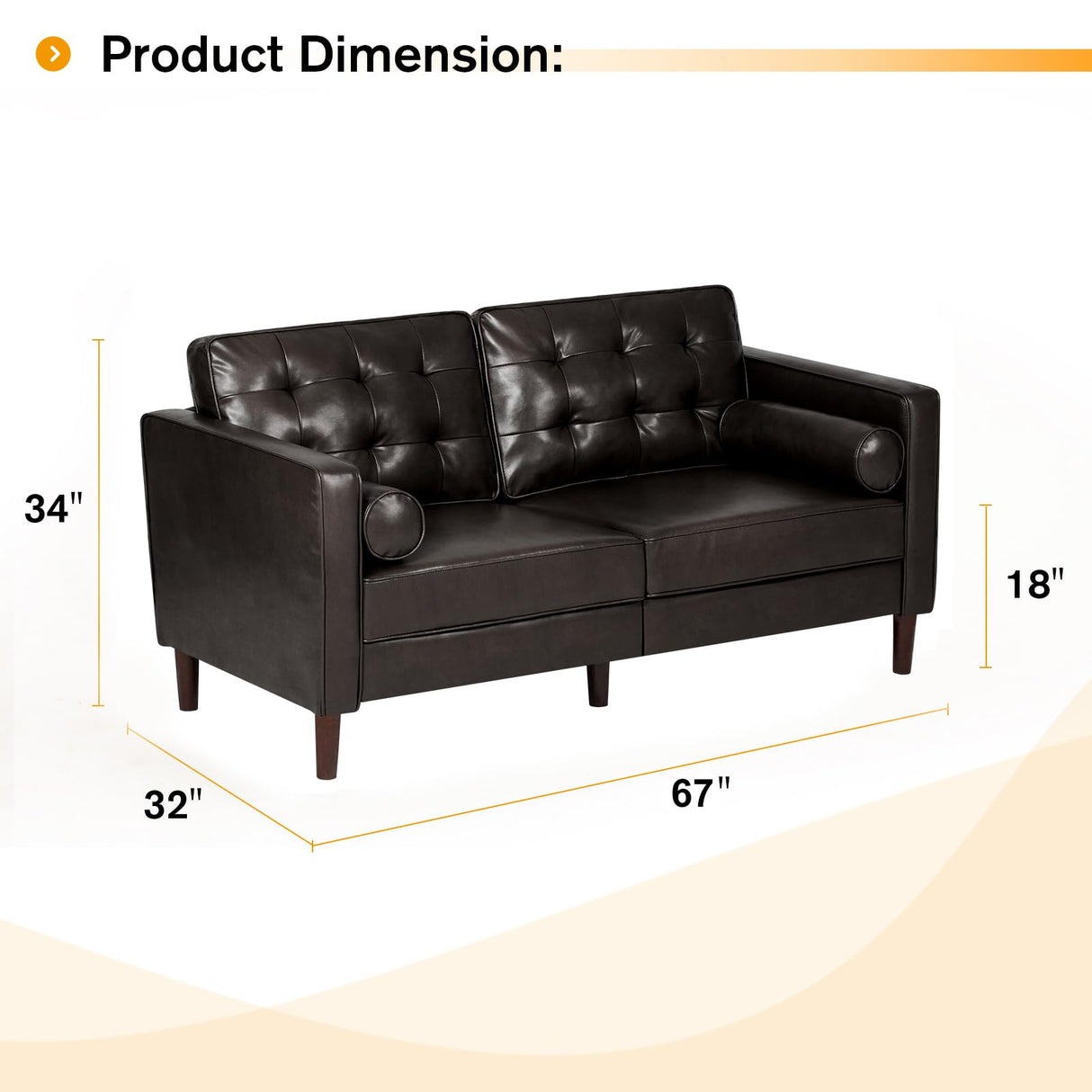 ACMEASE 67" Premium Faux Leather 2-Seater Sofa with 2 Bolster Pillows and Tufted Backrest, Mid-Century Modern Loveseat Sofa, Luxury Couch for Living Room, Bedroom, Office, Dark Brown ACMEASE