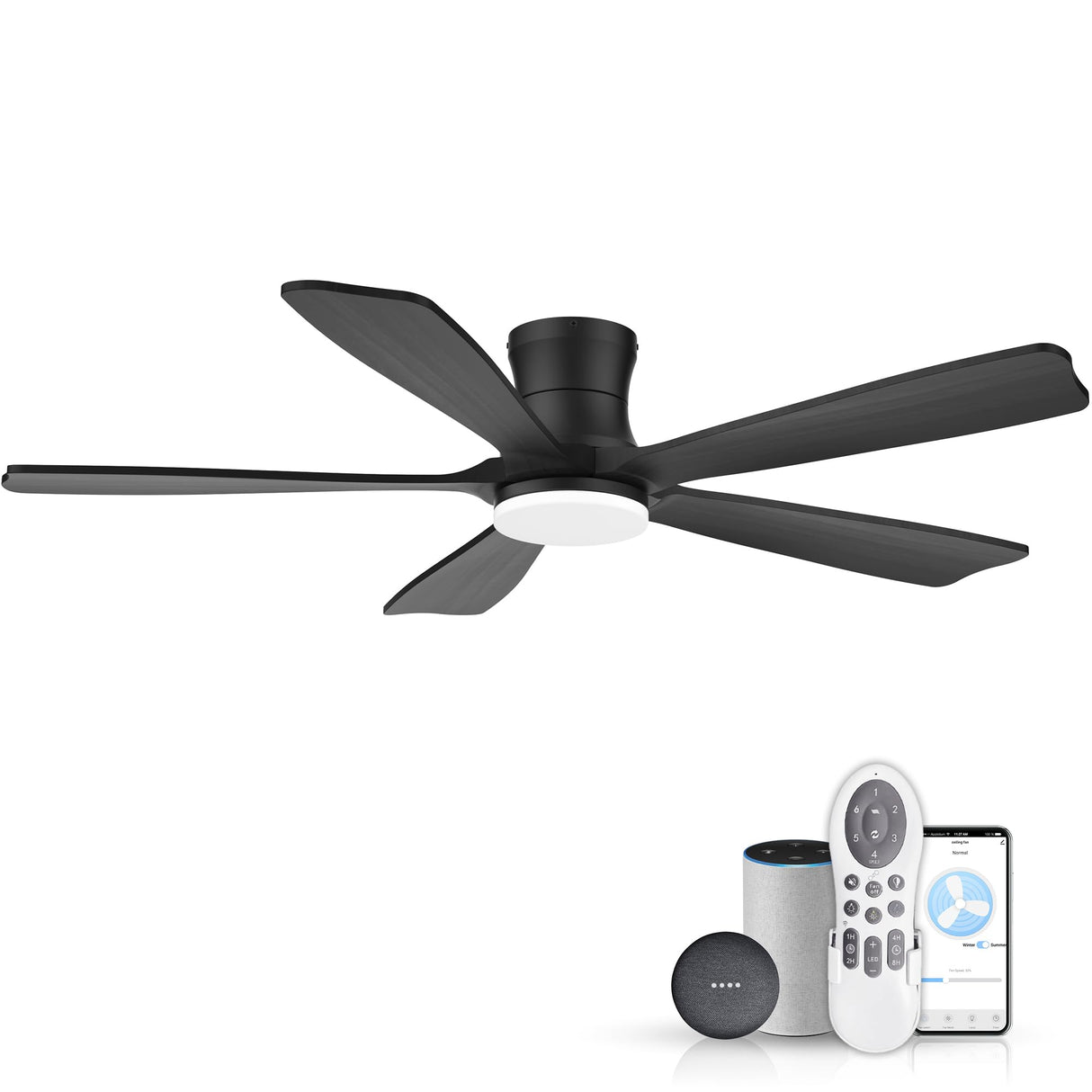52"Wood Smart Flush Mount Ceiling Fans with Lights Remote,Control via WIFI Alexa Google App,6 Speed,Quiet DC Motor,Modern Black Outdoor Indoor Low Profile Ceiling Fan for Bedroom Patio Porch GentleBreeze
