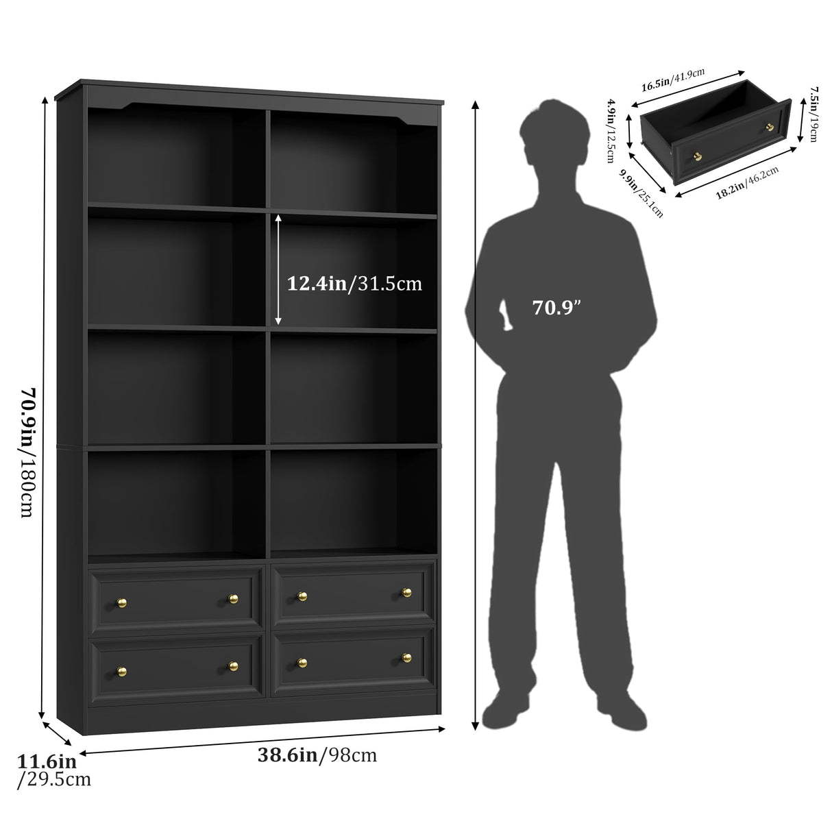 FINETONES 71" Black Bookshelf with 4 Drawers, 6-Tier Double Wide Bookshelf and Bookcase with Storage, Tall Bookshelf Large Open Bookshelf Standing Book Cabinet for Home Office, Black FINETONES