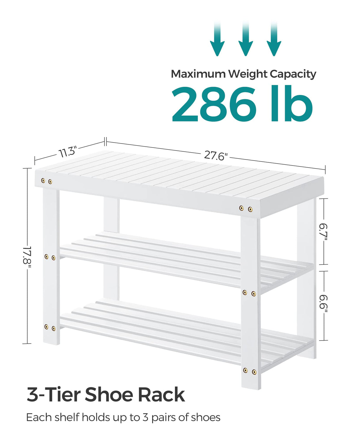 SONGMICS Shoe Rack Bench, 3-Tier Bamboo Shoe Storage Organizer, Entryway Bench, Holds Up to 286 lb, 11.3 x 27.6 x 17.8 Inches, for Entryway Bathroom Bedroom, Cloud White ULBS004W01 SONGMICS