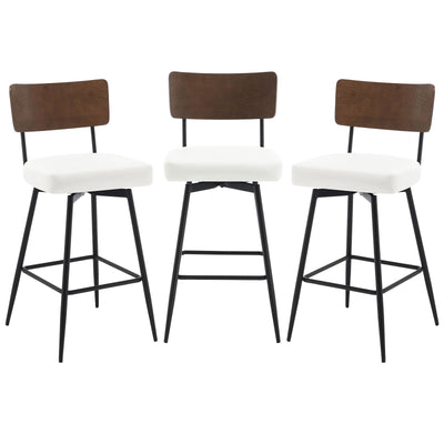 Bekrvio Counter Height Swivel Bar Stools Set of 3, Upholstered Faux Leather Barstools with Wood Backs and Metal Legs, 26" Seat Height Counter Bar Stool for Kitchen Island, White