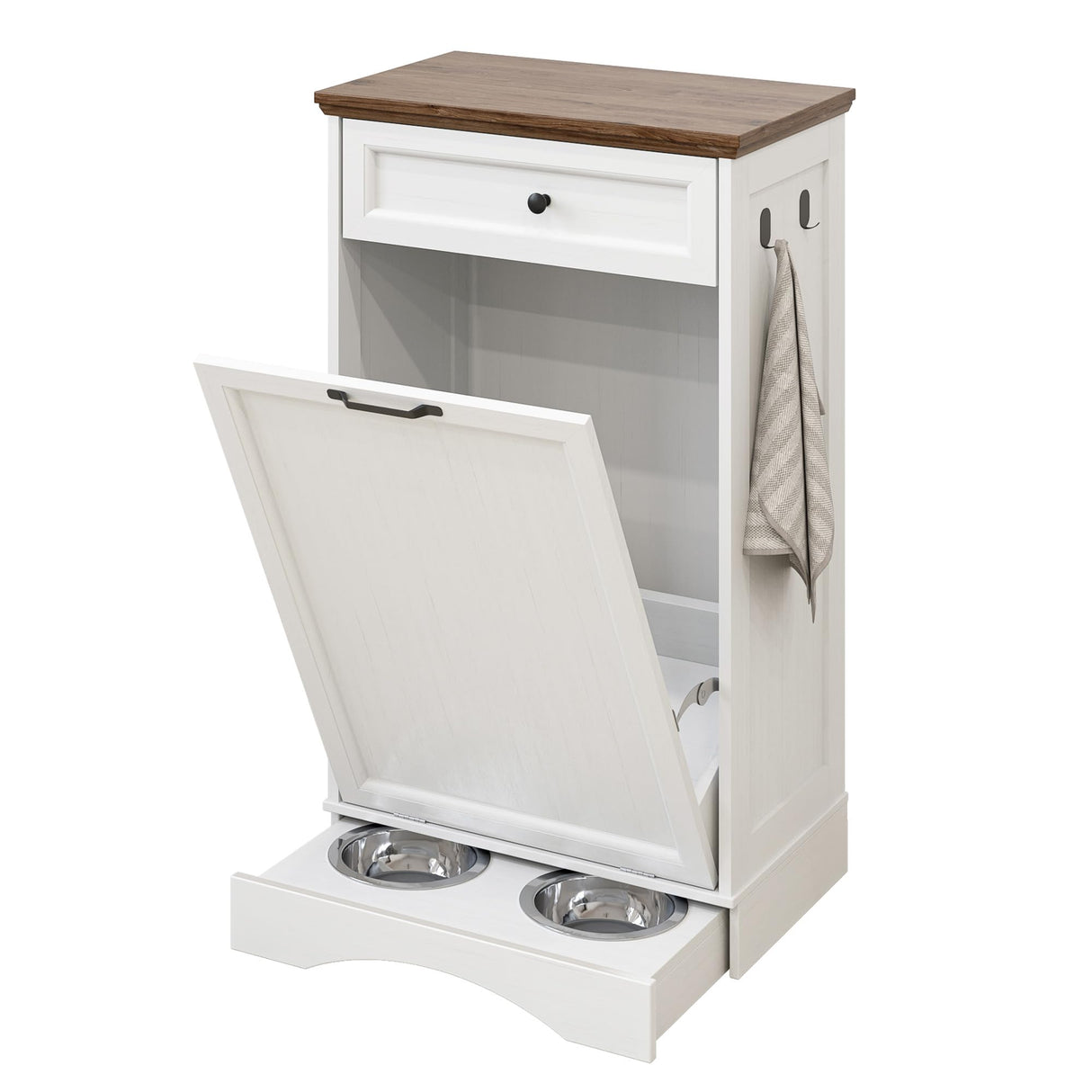 NEWOWNDS Tilt Out Trash Can Cabinet 10 Gallon Hidden Trash Garbage Can Cabinet with Drawer,Waterproof Cutting Board,Pet Proof Hidden Garbage,Pet Feeding Bowls for Kitchen,Laundry Bathroom,White NEWOWNDS