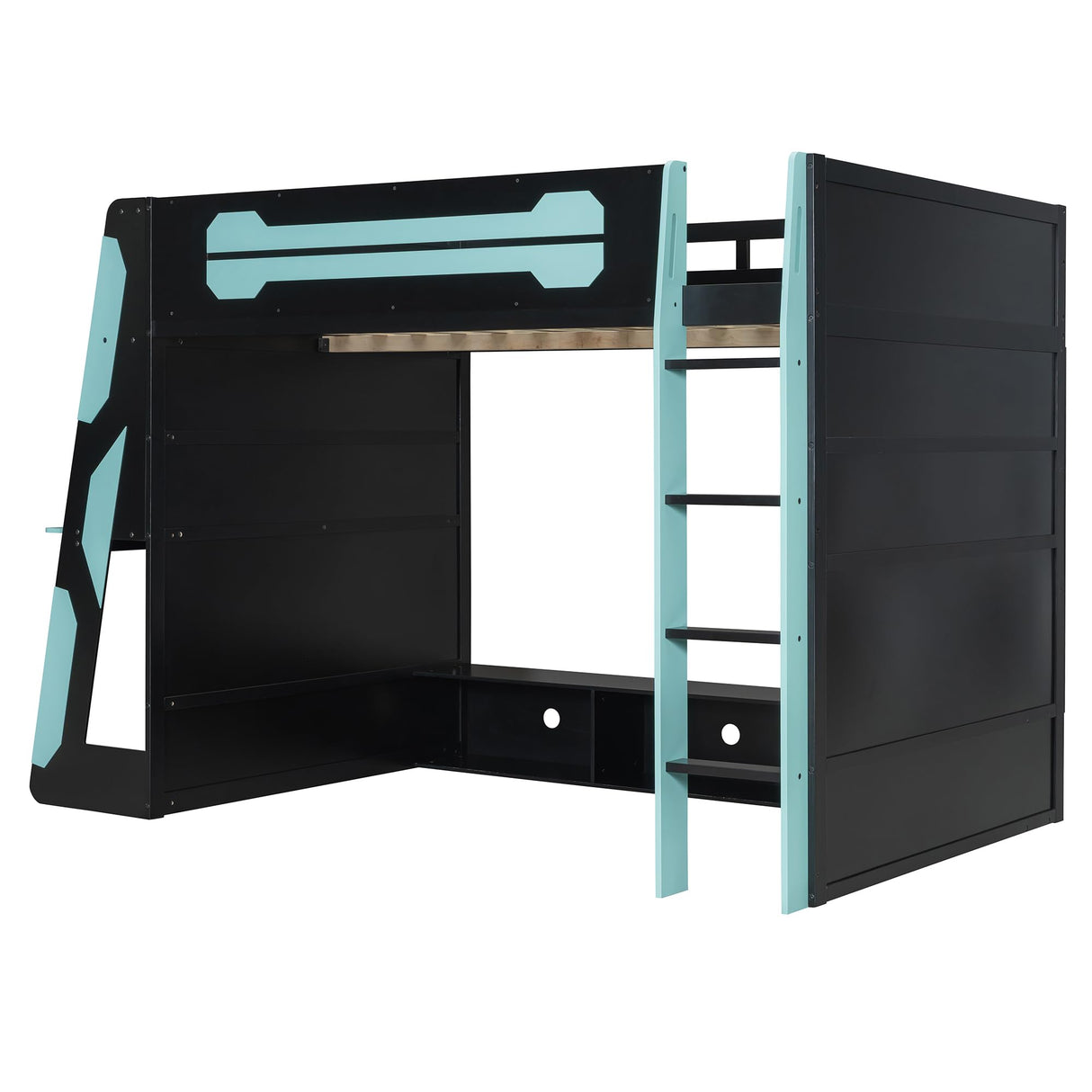 Bellemave Gaming Loft Bed with Desk and Lights, Full Loft Bed with Storage Shelves and Work Station, Wood Loft Bed Frame for Kids, Boys, Girls, Teens, No Spring Box Needed & Dedicated Style, Blue Bellemave