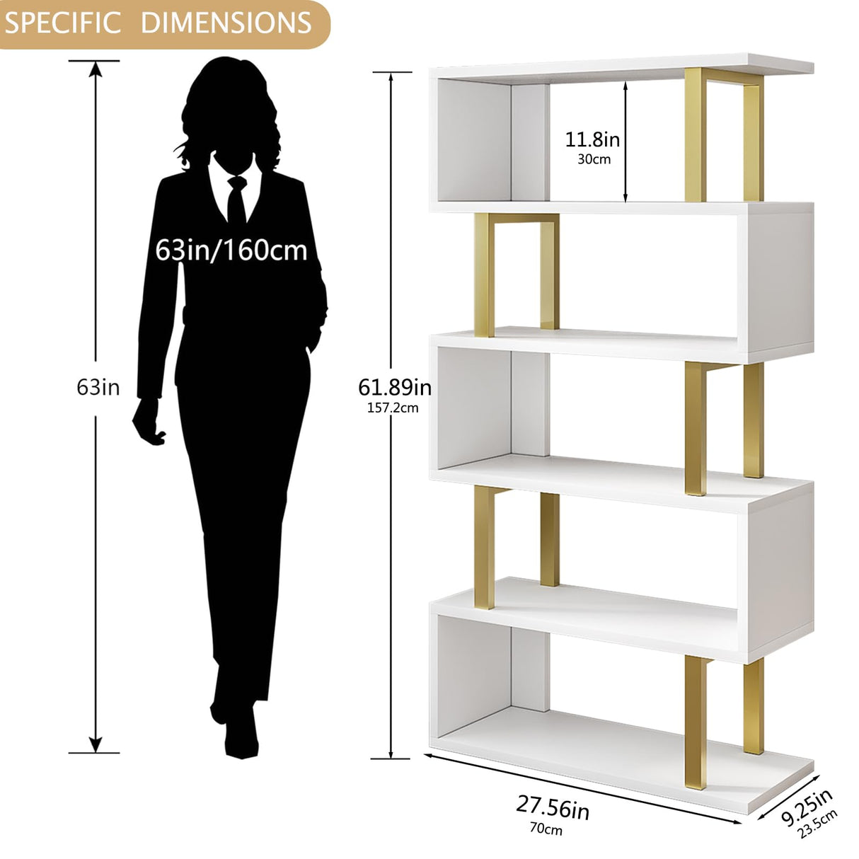 SORCEDAS Bookshelf Geometric Bookcase S Shaped Industrial Bookshelf Storage Display Stand Shelf for Living Room Bedroom and Office Room (White, 5 Tier) SORCEDAS