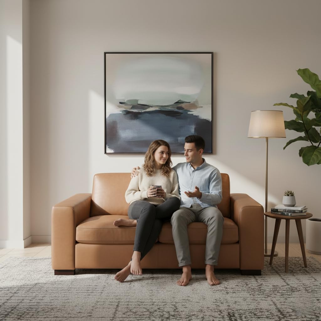 Naomi Home Freya Genuine Leather Loveseat Sofa - Luxurious Comfort, Goose Feather Cushion Filling, Square Arm Design, Sturdy Block Legs, Elegant Tan - Ideal for Living Room, Office, or Bedroom Naomi Home