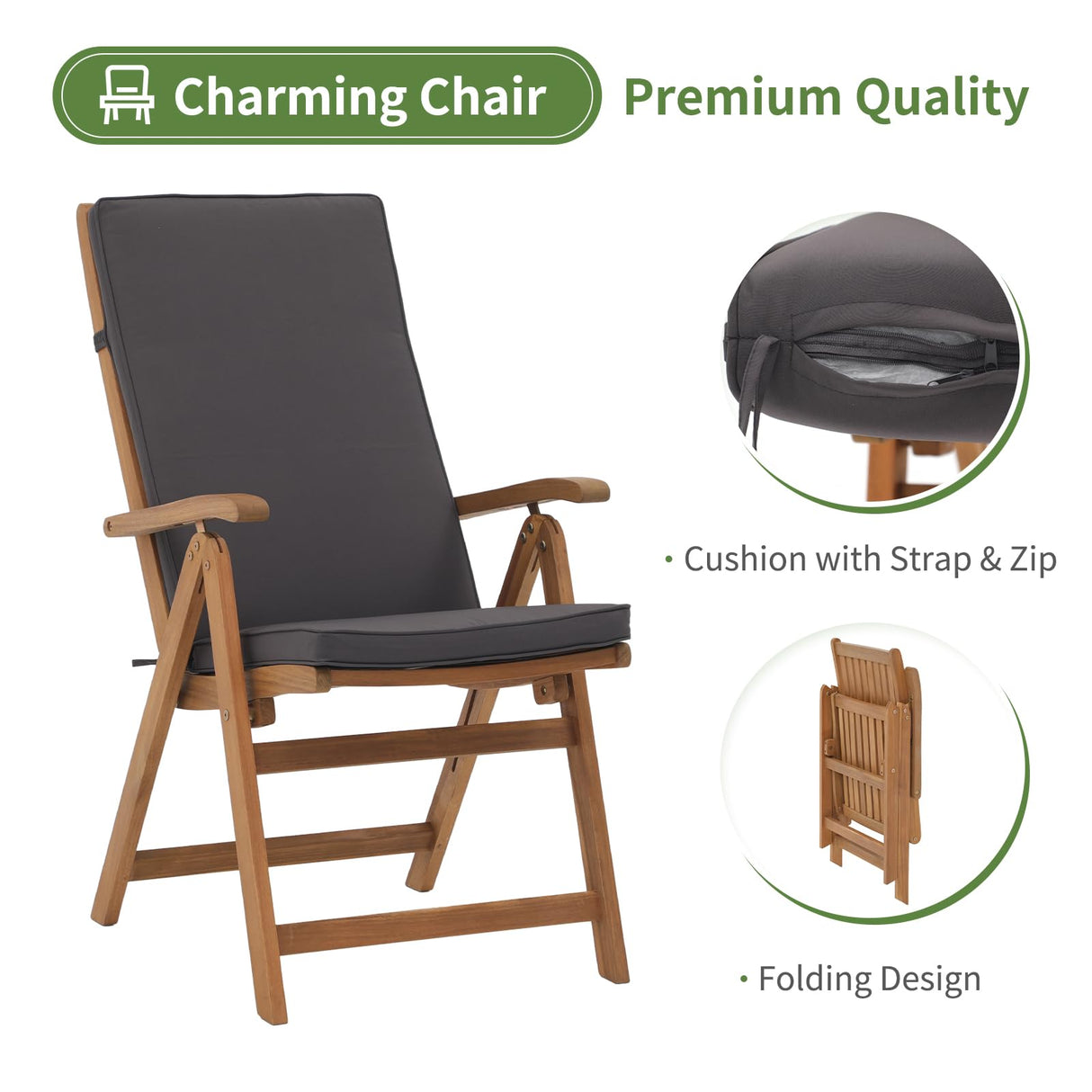 OC Orange-Casual Folding Patio Dining Chair Set of 2, Outdoor Acacia Wooden Reclining Chair w/Armrest & Removeable Cushion, FSC Certified Wood, for Porch, Backyard, Garden, Indoor, Dark Grey OC Orange-Casual