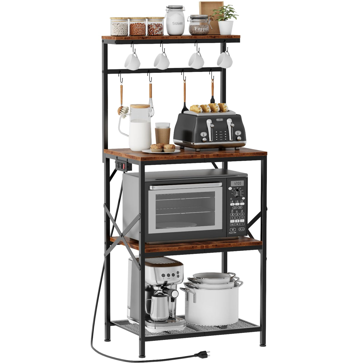 Kitchen Bakers Rack with Power Outlet, Small Microwave Stand with Adjustable Storage Shelves, Coffee Bar Table with 8 Hooks, 4 Tiers Kitchen Coffee Stand Station for Small Space, Rustic Brown Korfile