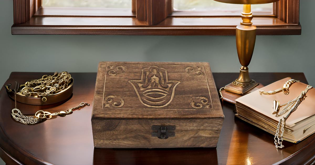 Great Birthday Gifts Handmade Decorative Wooden Jewelry Box Hamsa Hand Carving Jewelry Organizer Keepsake Box Treasure Chest Trinket Holder Watch Box Storage Lock Box 7 x 5 Inches Housewarming Gift The Great Indian Bazaar