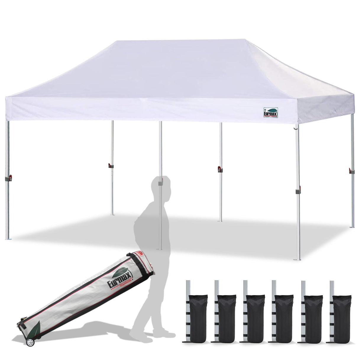 Eurmax USA 10'x20' Pop Up Canopy Tent Commercial Instant Canopies with Heavy Duty Roller Bag,Bonus 6 Sand Weights Bags (White) Eurmax