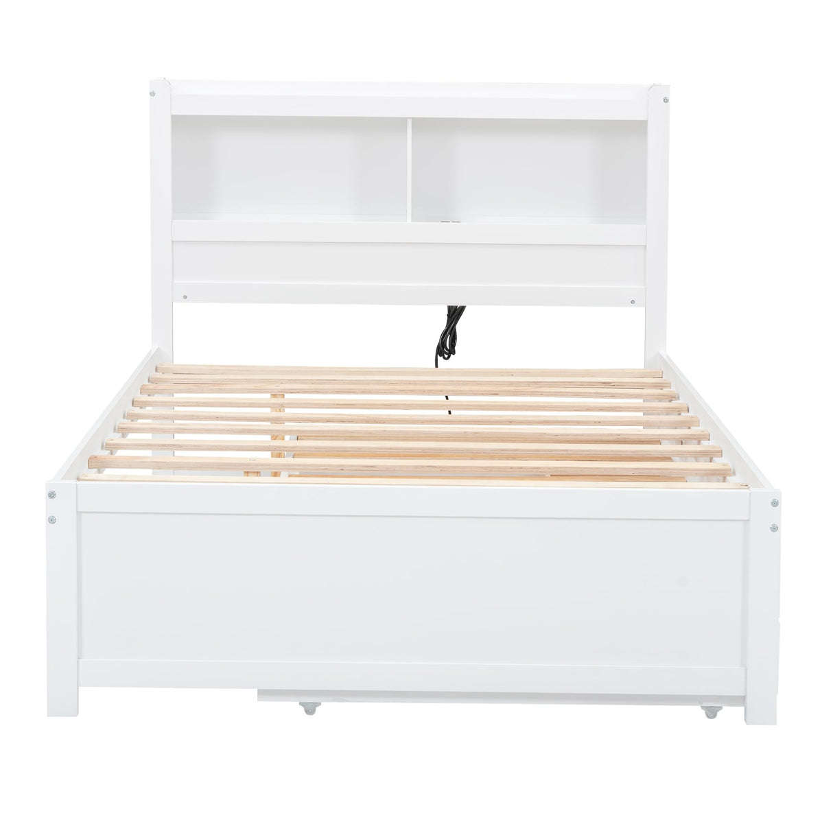 Harper & Bright Designs Full Size Platform Bed with Trundle, Drawers and Bookcase Headboard with USB Plugs, Hardwood Full Size Bed Frame, No Box Spring Needed - White Harper & Bright Designs