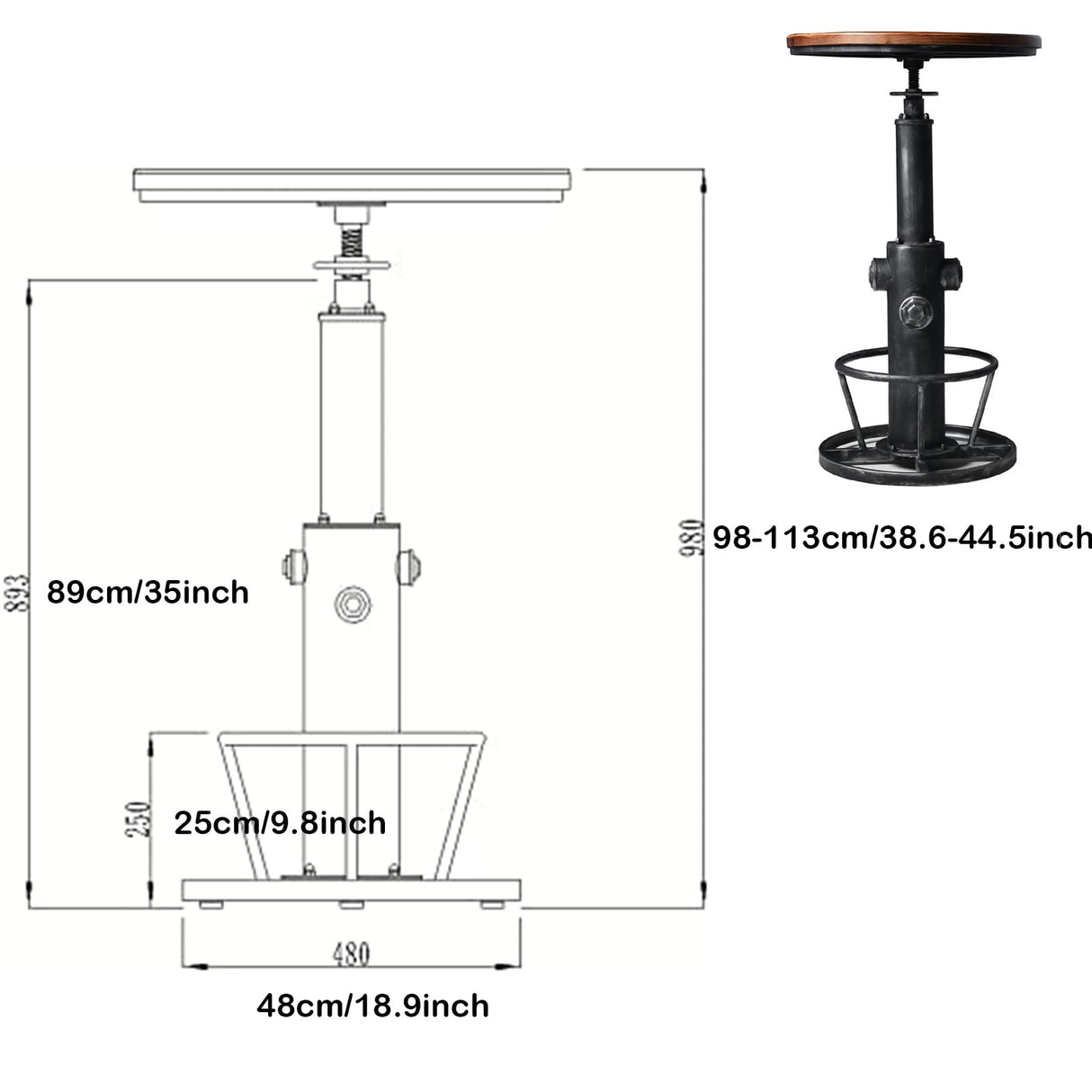 BOKKOLIK Industrial Bistro Bar Table 38.6-44.4inch Height Adjustable Farmhouse Pub Table for Kitchen Dinning Room Office Swivel Wooden Top BOKKOLIK