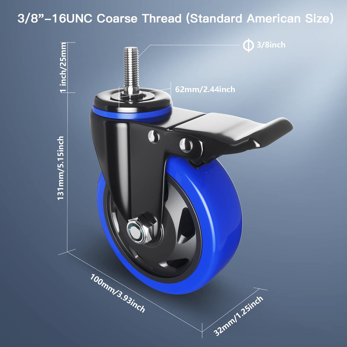 4 Inch Stem Caster Wheels Heavy Duty with Dual Locking 2200Lbs, Threaded Stem Casters 3/8" -16 x 1, Swivel Industrial Casters Set of 4, Wheels for Cart and Furniture WOZESEIK