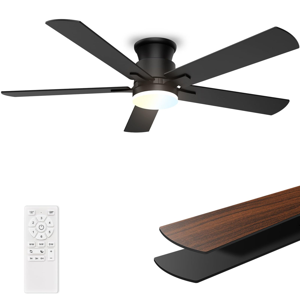Ceiling Fans with Lights 52 Inch, Flush Mount, Remote Control, 3CCT Dimmable, 6 Speeds, Quiet Reversible DC Motor, Low Profile Hugger Black Ceiling Fan for Bedroom, Living Room, Indoor/Outdoor, ETL Allsmartlife