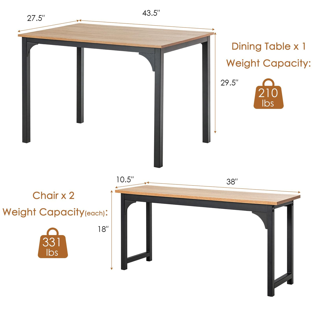 NAFORT 3-Piece Dining Table Set for 4, 43.5" Modern Kitchen Table Set w/2 Benches & Metal Frame, Space Saving Dining Room Table Set with MDF Wood Board, Ideal for Home, Restaurant, etc. NAFORT