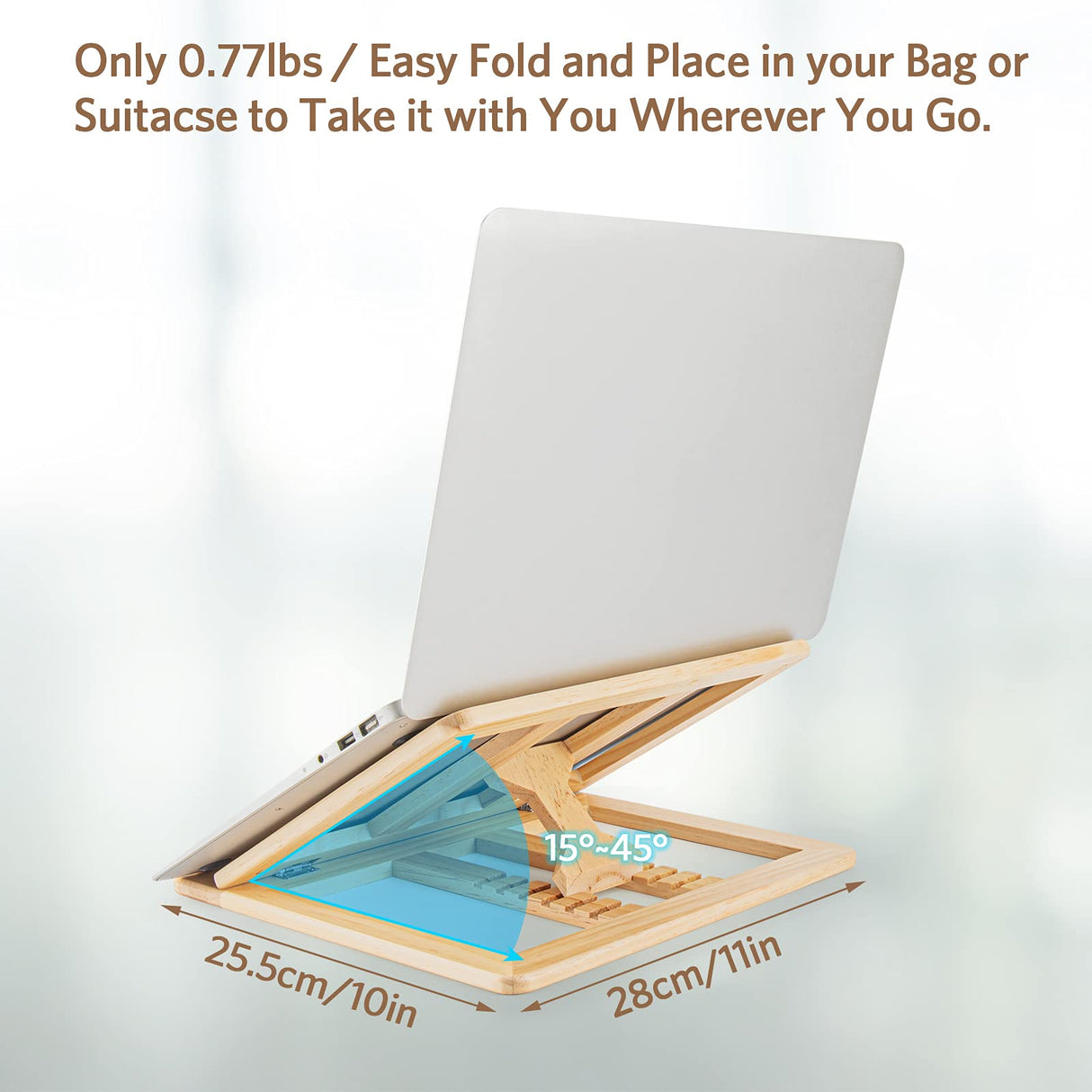 Skoioje Wooden Laptop Stand, Foldable Wood Laptop Riser Adjustable Computer Wooden MacBook Stand for Desk Portable Universal Notebook Laptop Holder with Multiple Angles for Laptops Up to 15.6 inches Skoioje