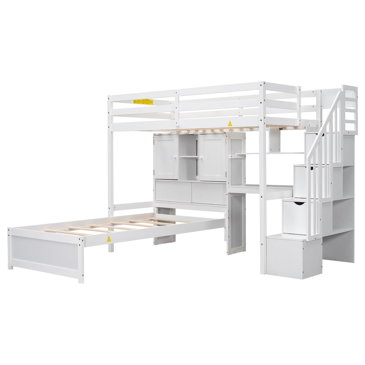 HRJHLucky Twin Over Twin Loft Bed with Built-in Desk and Staircase, White Pine Wood+MDF Bunk Bed with Storage Compartments and Shelves for Children, Teens, Adults HRJHLucky