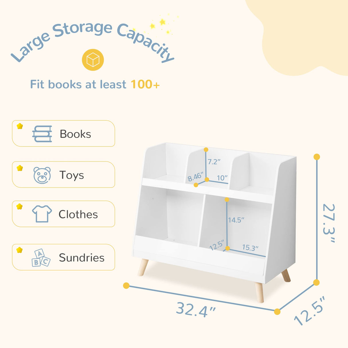 Curipeer Kids Bookshelf, Baby Book Shelf and Toy Organizer, Wooden Open Bookcase with 5 Cubbies, 2-Tier Baby Storage Display, Christmas and Birthday Gifts for Playing Room, Nursery, White Curipeer