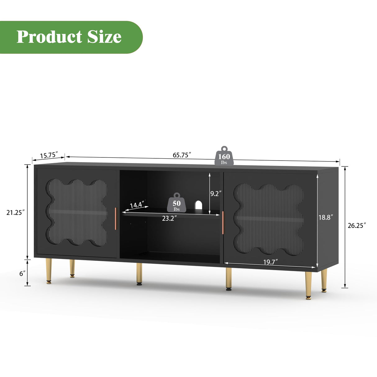 Runglecho Mid-Century Modern TV Stand and Cabinet for 65, 70 and 75 Inch Televisions, Black Glass Entertainment Center with Storage, Stylish Console Table for Living Room and Bedroom (Black) Runglecho