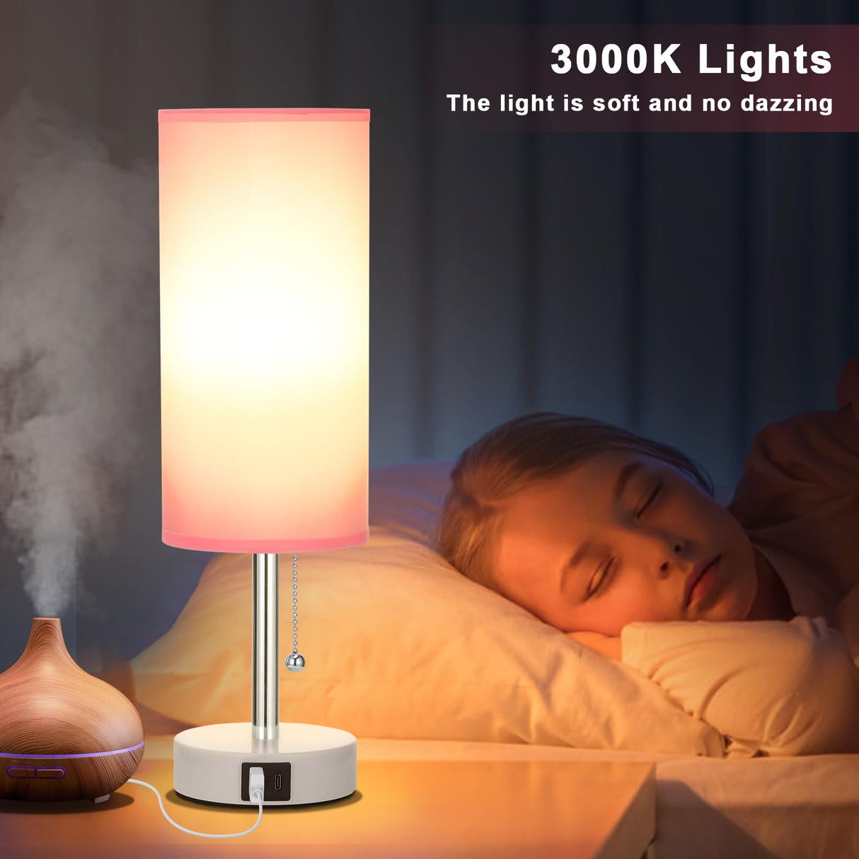 Hong-in Pink Lamp for Bedroom,Nightstand Lamp with 3 Color Modes-Small Bedside Lamp with USB-C+A Charging Ports, Pull Chain Bedroom Table Lamp for Bedroom, Office, Kids Room(Bulb Included) Hong-in