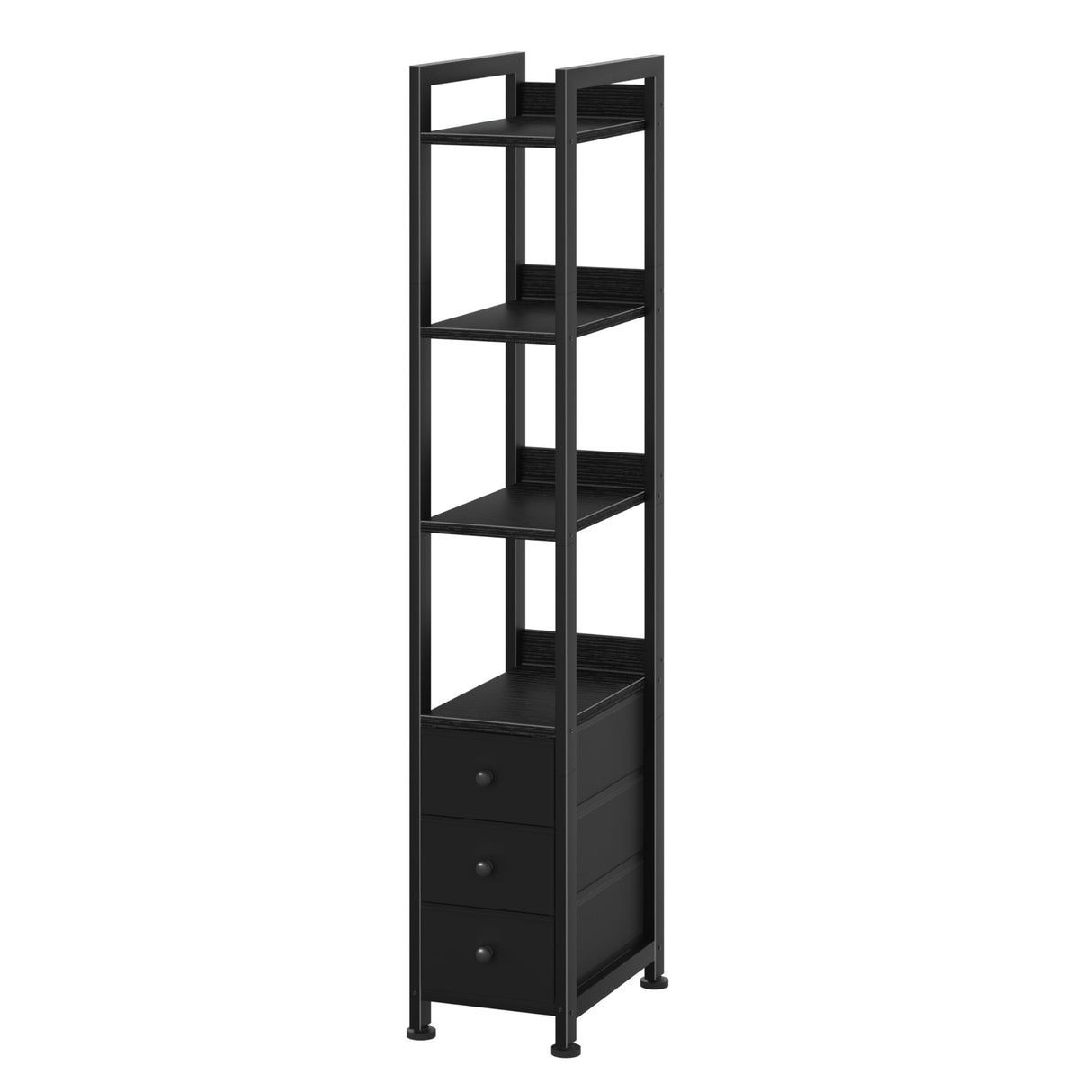 KLUVIS Black Narrow Bookshelf with 3 Drawers - 4 Tier Thin Book Shelf for Small Spaces Skinny Shelves Slim Farmhouse Fabric Drawer 60 inch Tall (04B) KLUVIS