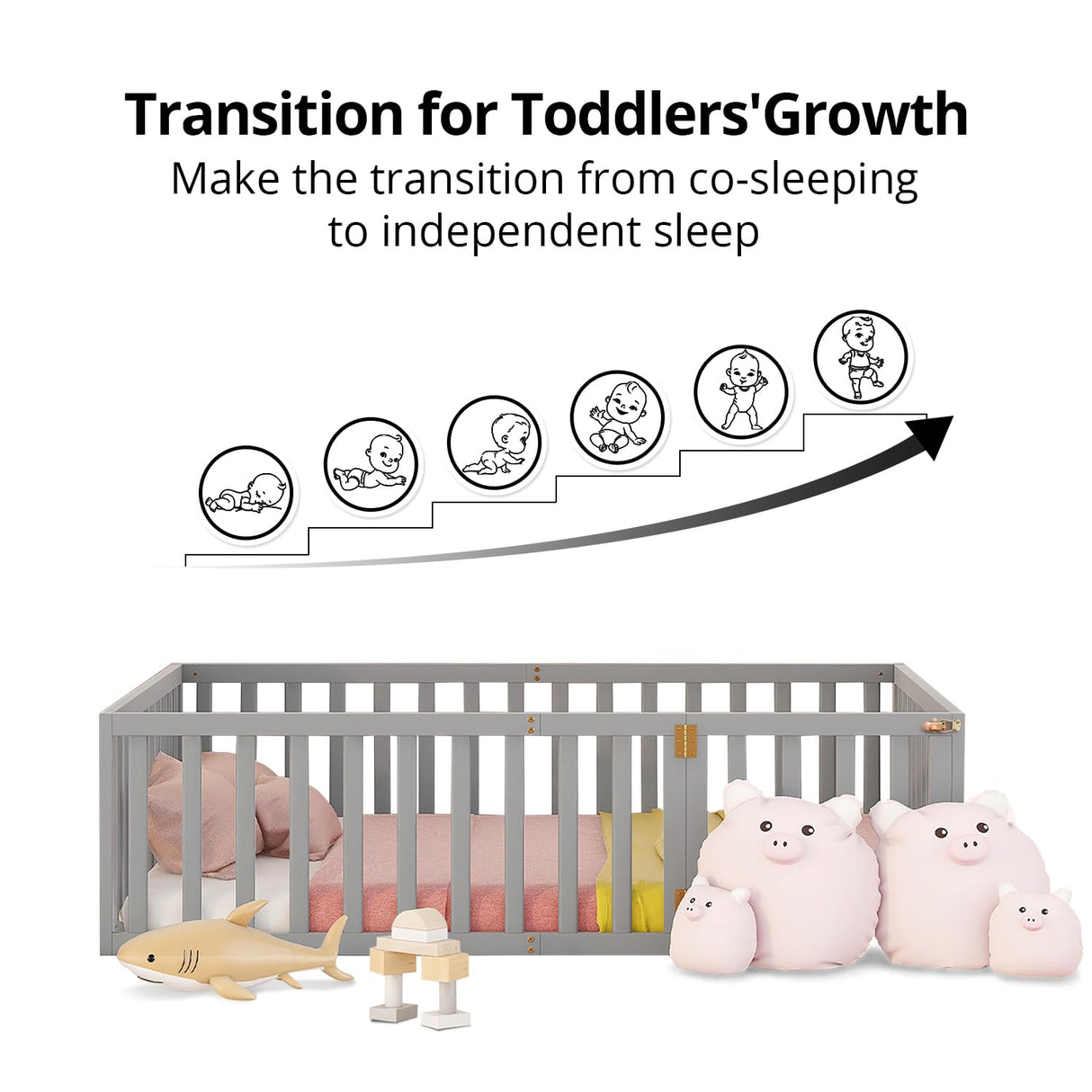 Solid Wood Montessori Floor Bed for Kids with Fun Door Design & Safety Guardrails - Easy Assembly in Gray LLS