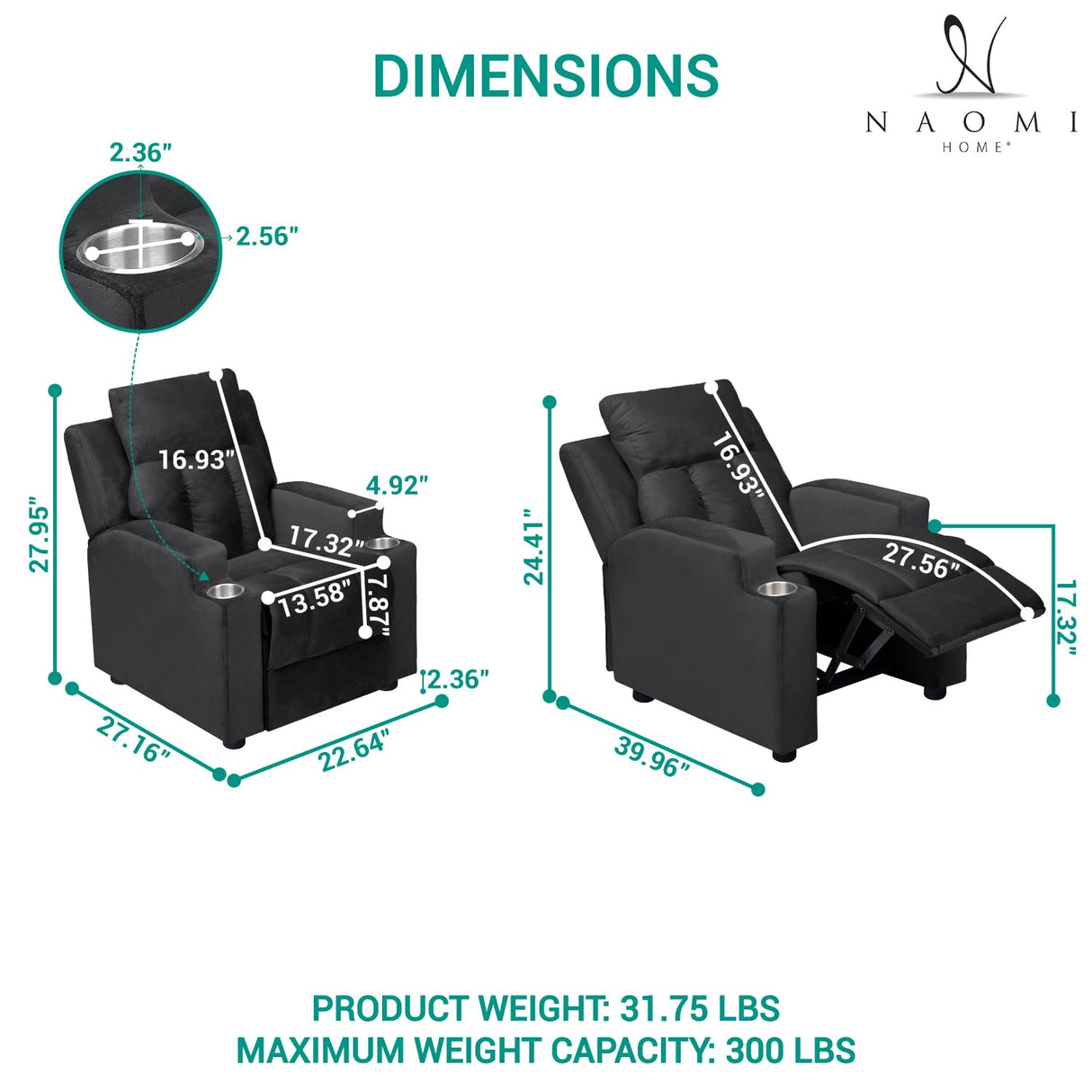 Naomi Home Sally Deluxe Kids Recliner Chair with Footrest & 2 Cup Holders, Push Back Toddler Recliner with Cup Holder, Microfiber Kids' Recliners for Age 3+, Kid Recliners for Girls Boys Black Naomi Home