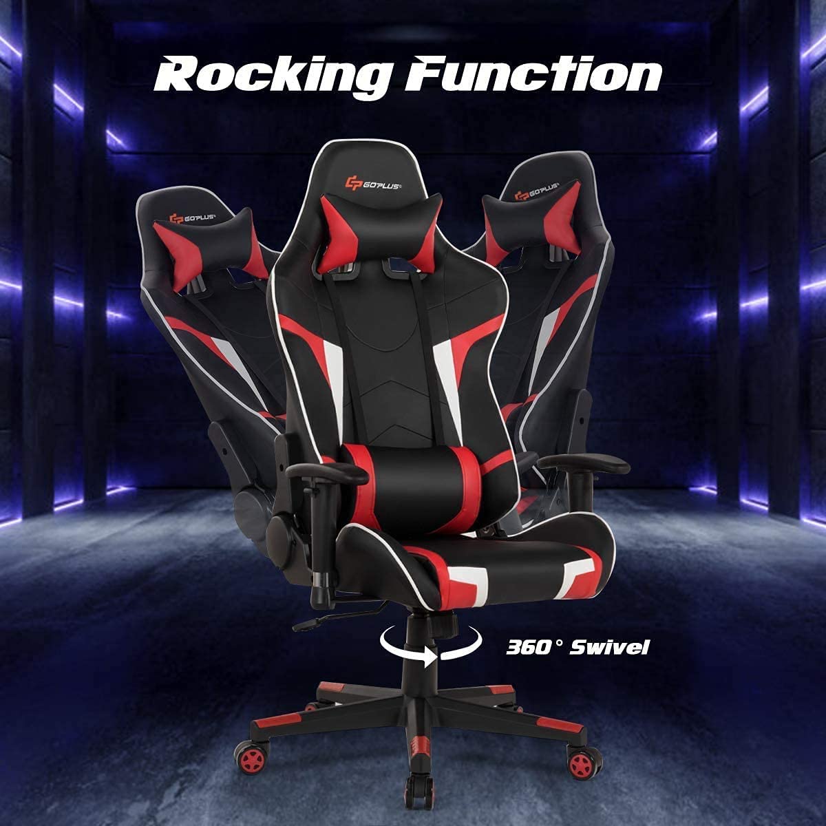 CHEFJOY Massage Gaming Chair, High Back Office Computer Chair with Headrest and Lumbar Support, Racing Style Reclining Swiveling Game Chair for Home Office (Red) CHEFJOY