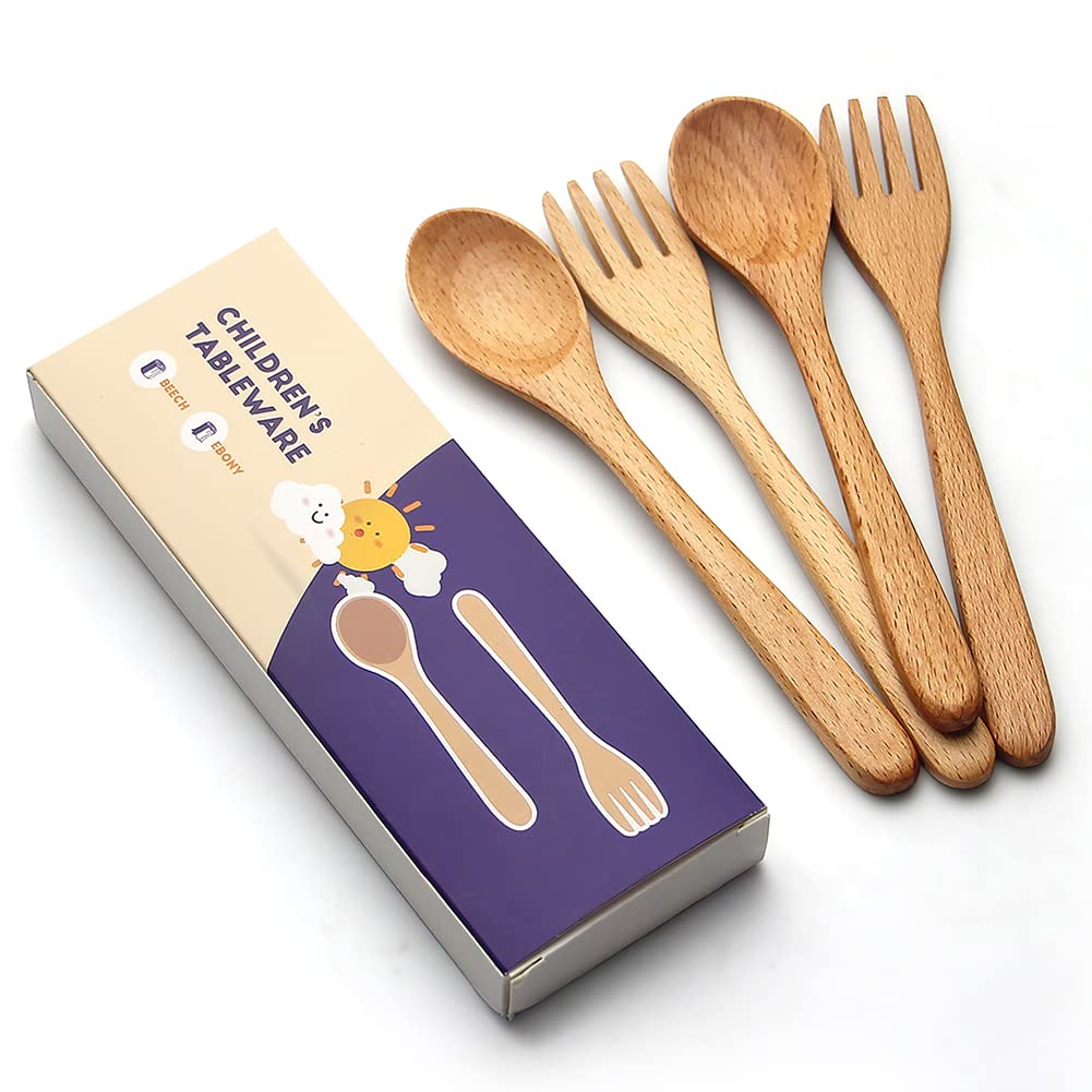 YFWOOD 4-Pieces Natural Wooden Children's Safe Flatware, 2 x Child Forks, 2 x Children Spoons, Kids Utensils Set Hand polishing Anti-slip Portable and ultra light YFWOOD