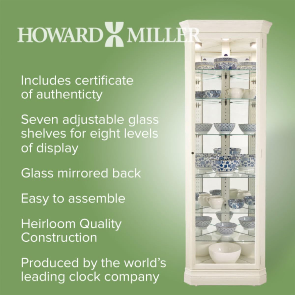 Howard Miller Delia II Curio Cabinet - Locking Slide Door Metal Shelf Clips with Illuminated Linen Finish Cabinets for Collectibles, Trophies Home Decor, Living Room & Dining Area Howard Miller