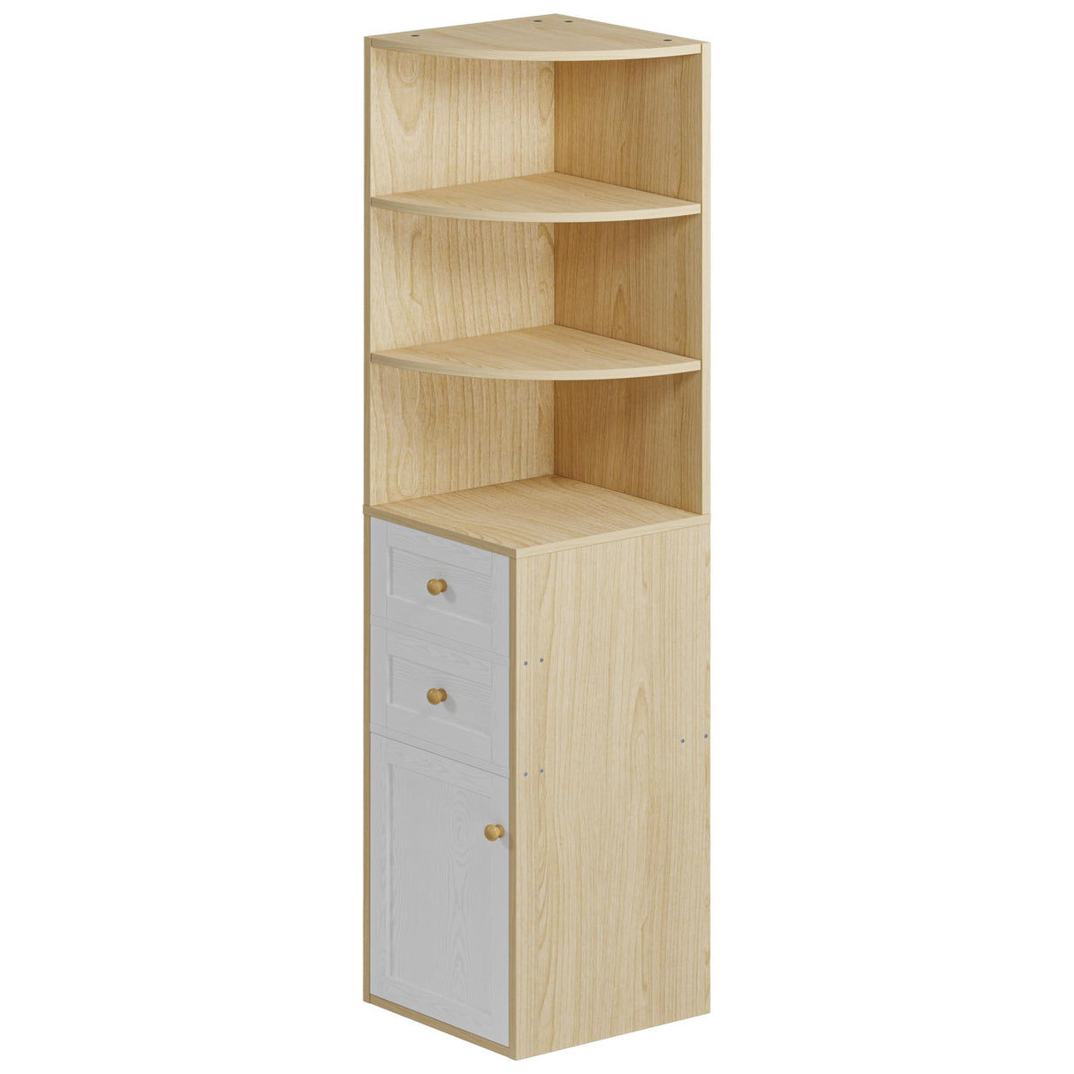 IRONCK Corner Bookshelf and Bookcase, 71" H Wooden Book Shelves 3 Tier with Drawers and Storage Cabinet for Living Room, Office, Bedroom, Oak and White IRONCK