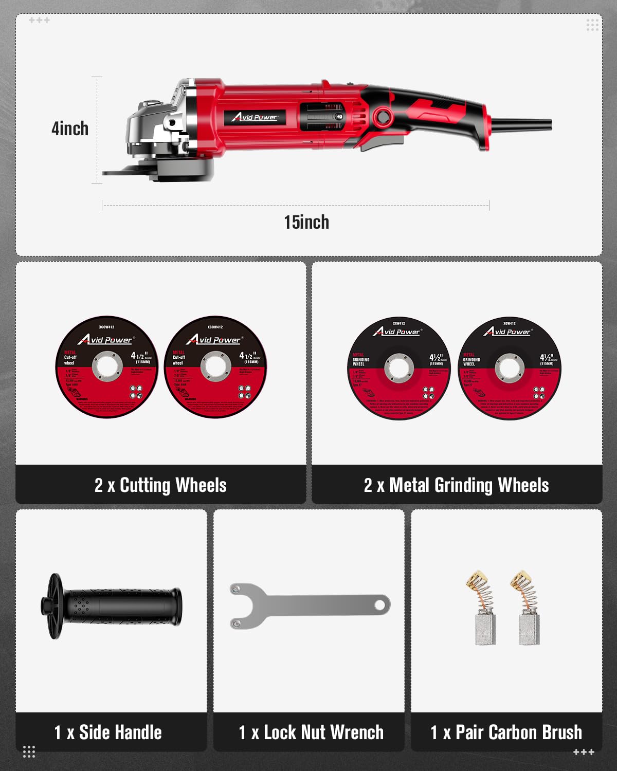 AVID POWER Angle Grinder 4-1/2 Inch 8.0 Amp 1000W Electric Grinder Tool 7-Variable-Speed Metal Grinder, 11,500 RPM, Paddle Switch with Lock-on Button, Cutting & Grinding Wheels and Side Handle AVID POWER