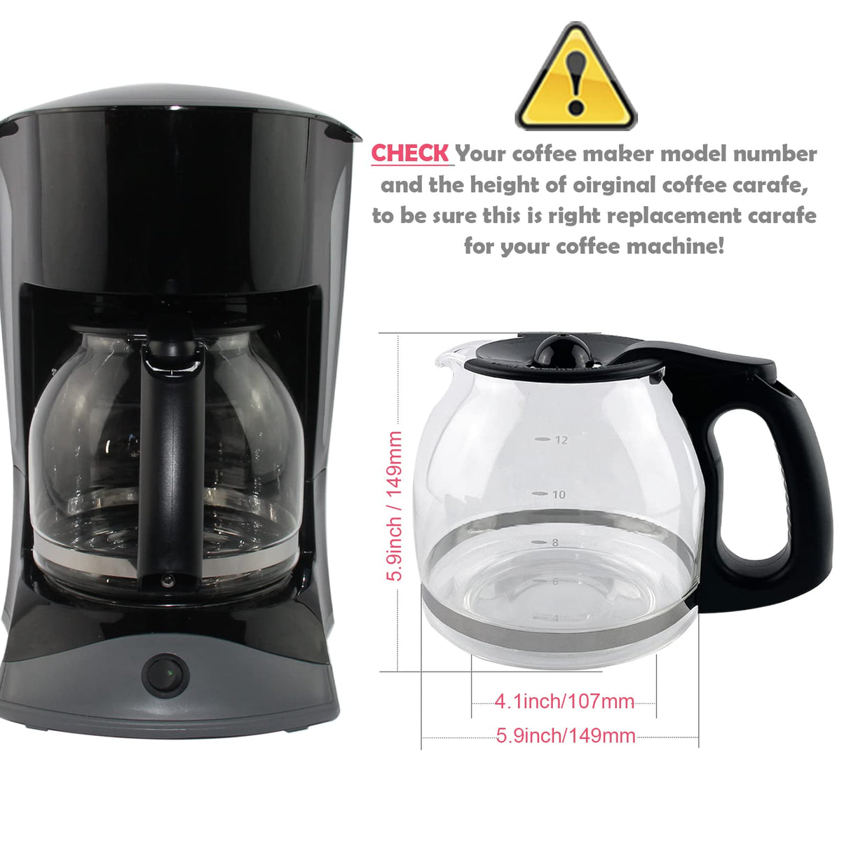 12-Cup Replacement Coffee Carafe Compatible with Mr. Coffee Coffee maker Pot, Replace Part# PLD12 PLD12-RB Series, Black Handle Cestlaive