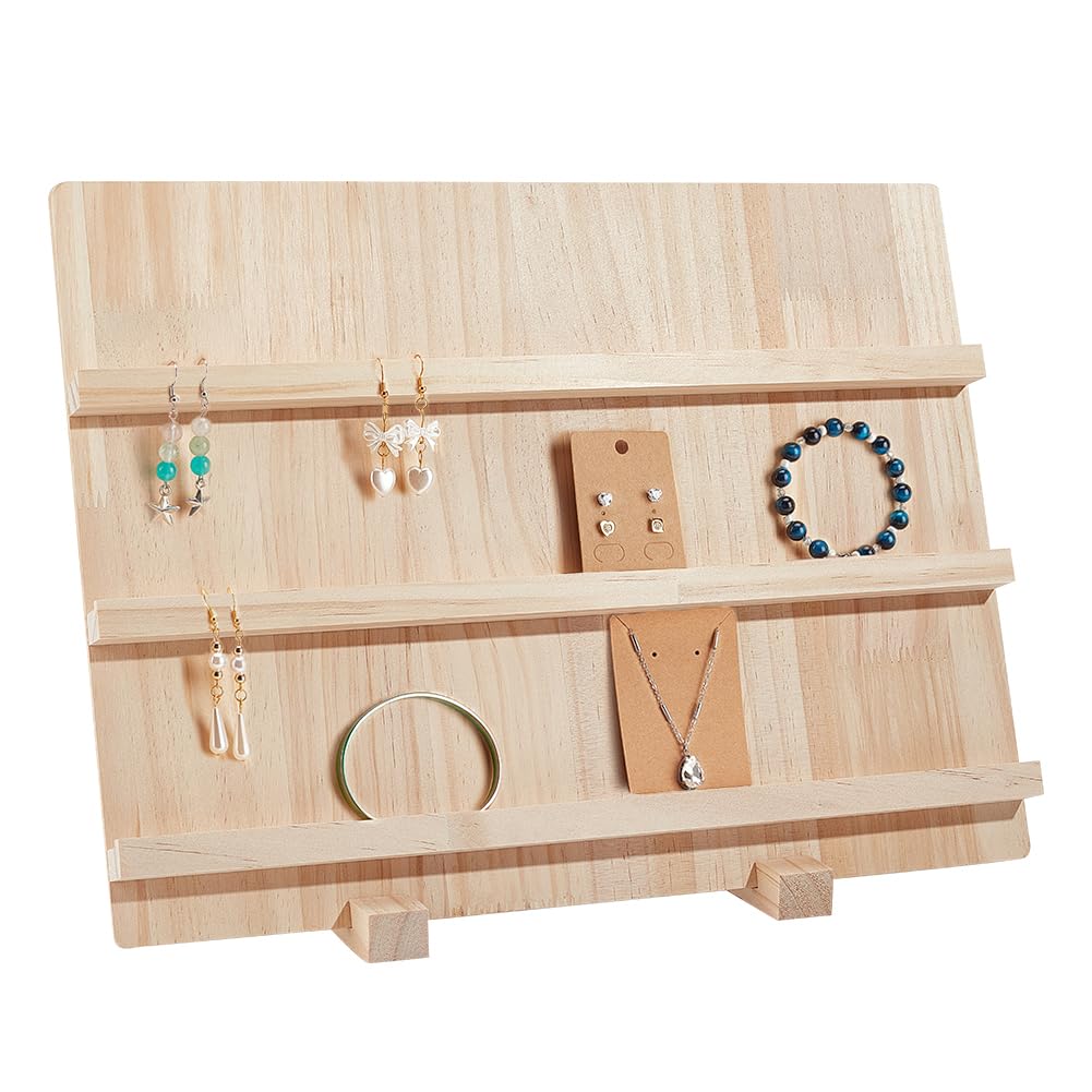 NBEADS Wood Earring Display Stands, 3 Layers Jewelry Earring Display Holder Wood Earring Card Holder Photos Business Card Holder Display with Base Stand for Home Office Retail Store, 40x14.1x30cm NBEADS