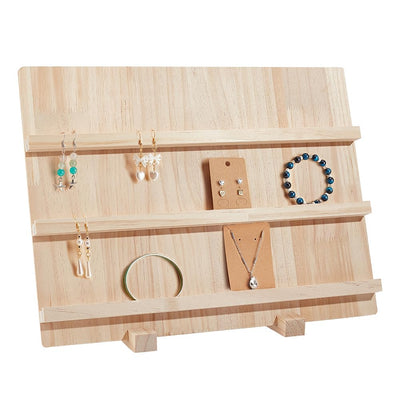 NBEADS Wood Earring Display Stands, 3 Layers Jewelry Earring Display Holder Wood Earring Card Holder Photos Business Card Holder Display with Base Stand for Home Office Retail Store, 40x14.1x30cm
