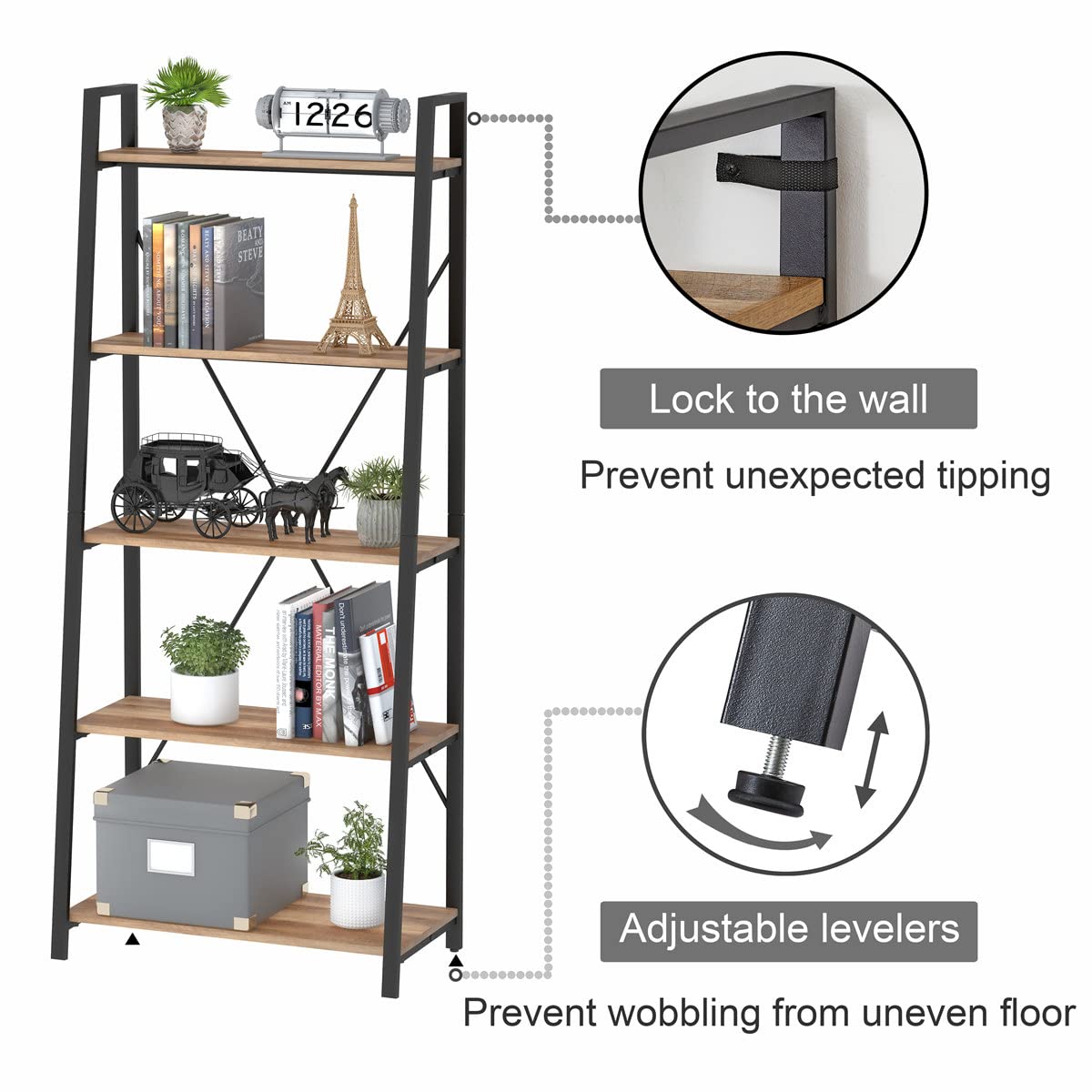 BON AUGURE Industrial 5 Tier Ladder Bookshelf, Wood and Metal Ladder Shelf Bookcase, Farmhouse Leaning Shelves for Living Room (Vintage Oak) BON AUGURE