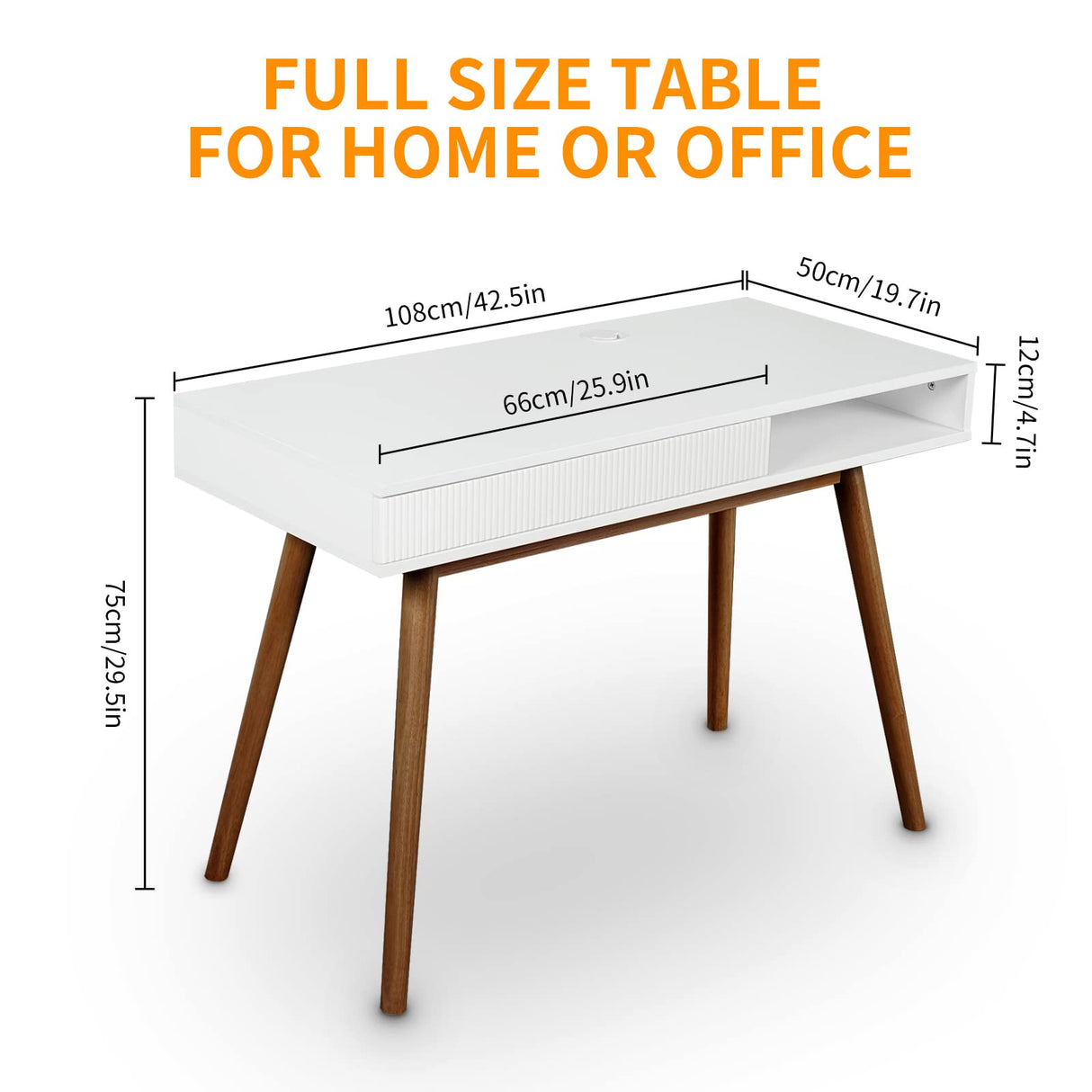 Arts wish White Writing Desk with Drawers Mid Century Modern Desk, Wood Office Desk Computer Desk Vanity Desk for Small Space, White Desk with Walnut Legs Arts wish