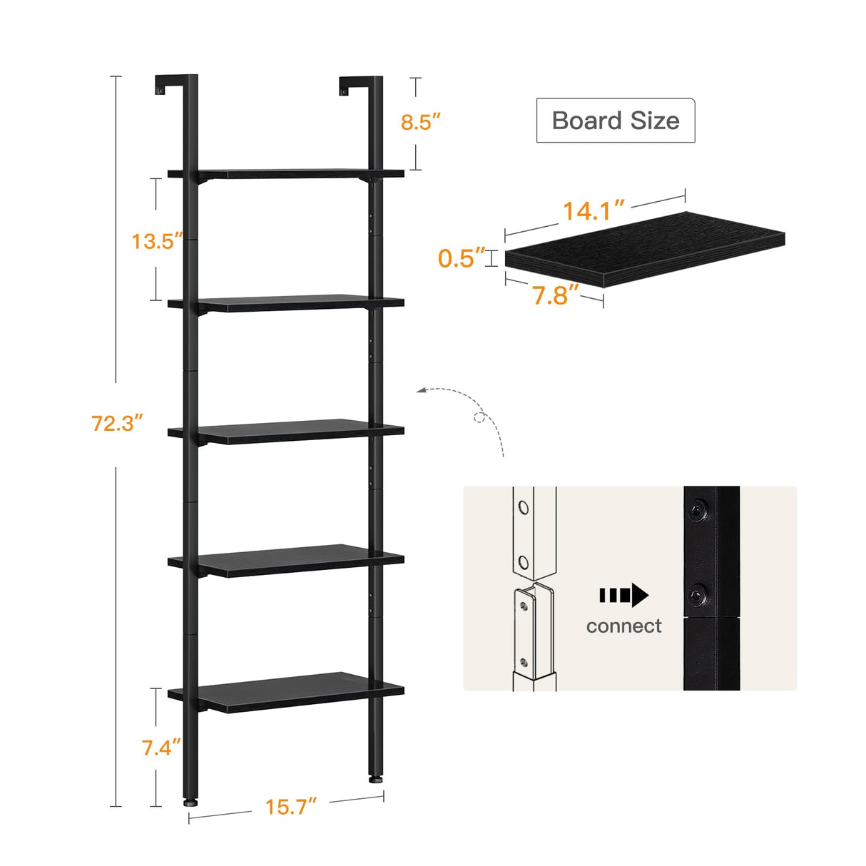 ODK Ladder Shelf, 5 Tier Black Bookshelf, 72 Inch Wall Mounted Book Shelf with Metal Frame, Ladder Bookshelf Bookcase for Bedroom, Home Office and Living Room ODK
