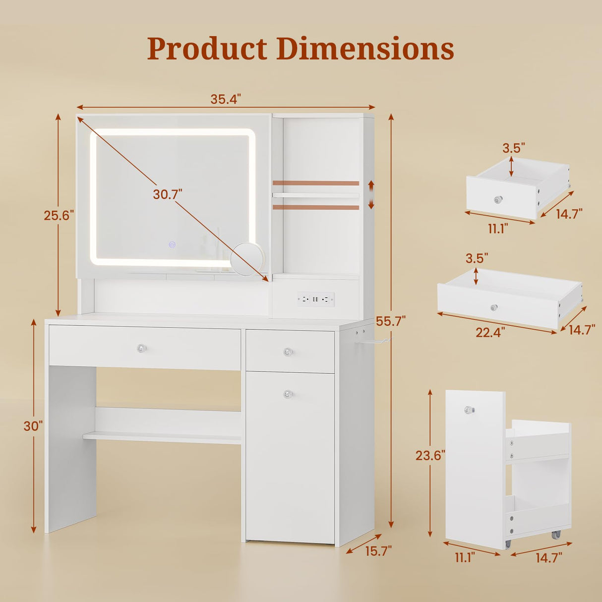UPOSOJA Vanity Desk with Mirror and Lights,Power Outlet,3 Drawers,Pull-Out LED Mirror with 3 Light Modes,Brightness Adjustable,Rolling Makeup cart,Crystal Handles, hairdryer Rack,White UPOSOJA