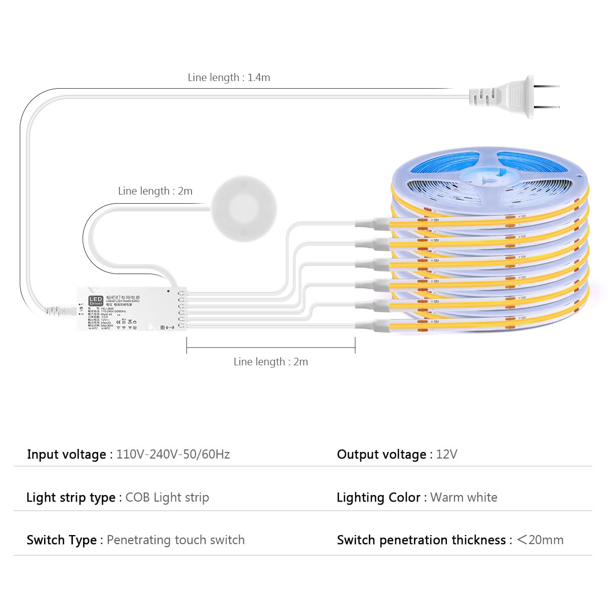 CHNMALITAI COB LED Strip Lights 12V Penetrable Wood Touch Dimmable LED Under Cabinet Light Kit with 60W Adapter 2M/6.56FT Flexible COB LED Strip for DIY Kitchen,Cabinet,Counter,Shelf,Showcase Decor CHNMALITAI