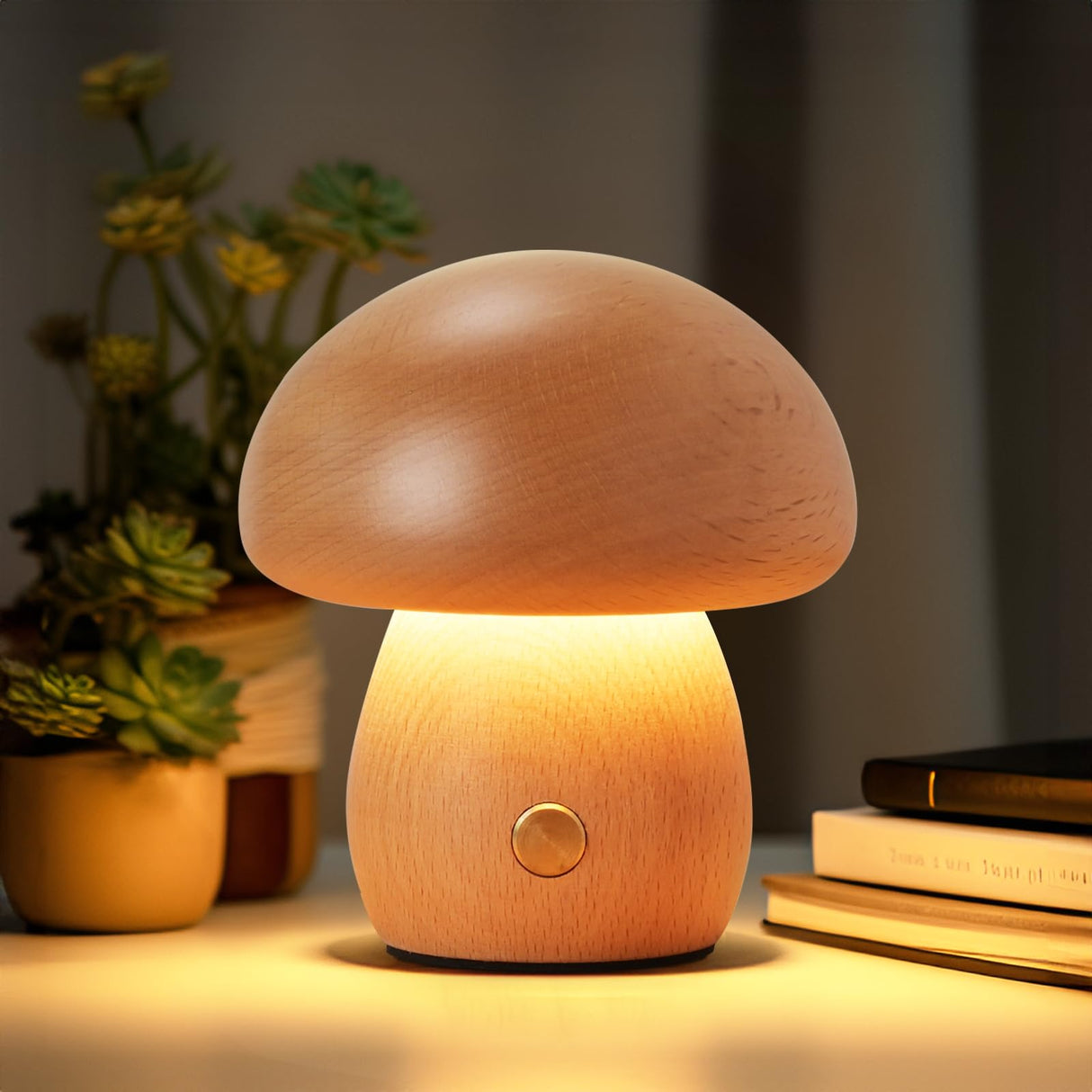 LONRISWAY Wooden Mushroom Lamp, Portable Cordless Rechargeable Battery Operated Lamp,Stepless Dimming, Night Light for Birthday Gifts LONRISWAY