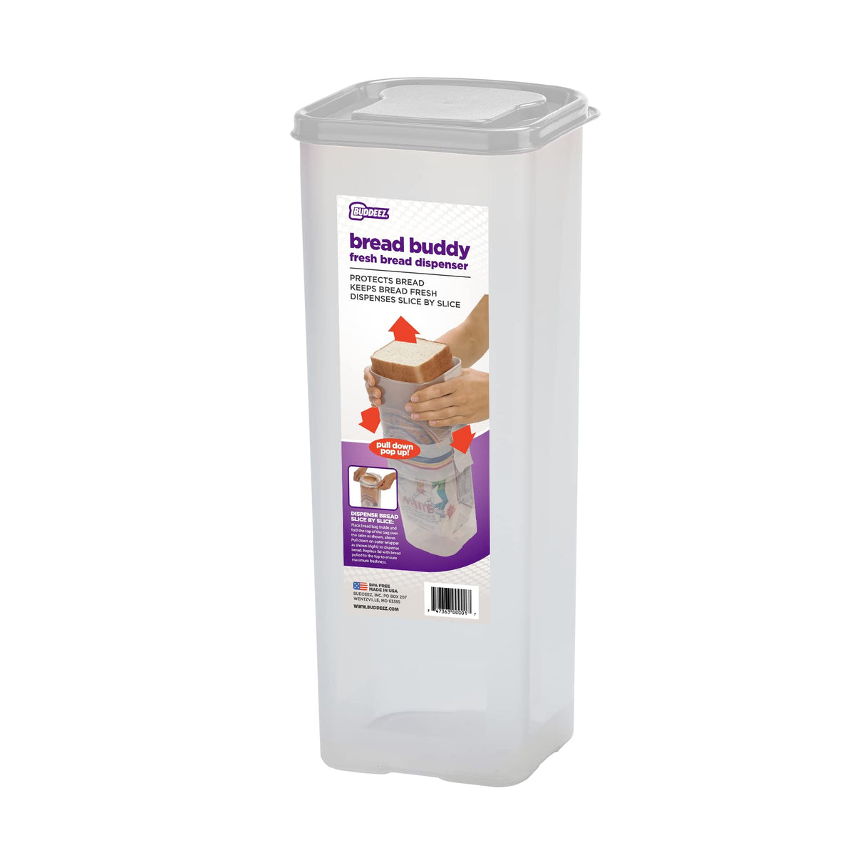 Buddeez Bread Buddy Bread Box – Fresh Bread Storage Container, Plastic Sandwich Bread Dispenser, White Lid, Pack of 1 Buddeez