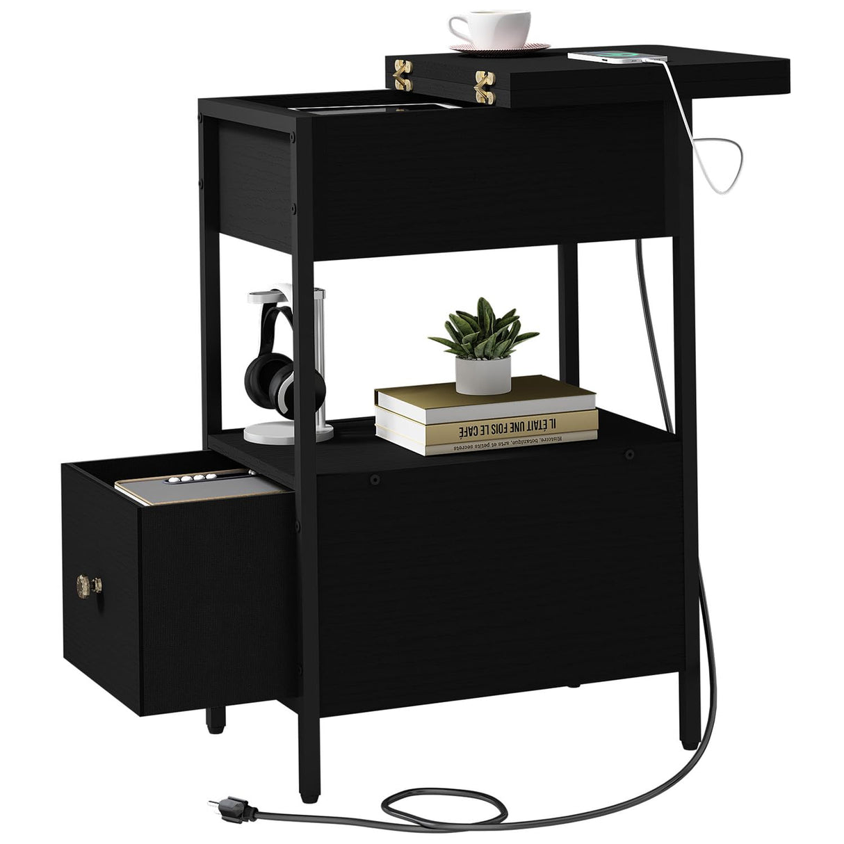 SOOWERY End Table with Charging Station, Narrow Side Table with Flip Top Cabinet and Fabric Drawer, Nightstand Bedside Tables for Small Spaces, Bedroom, Living Room, Black SOOWERY