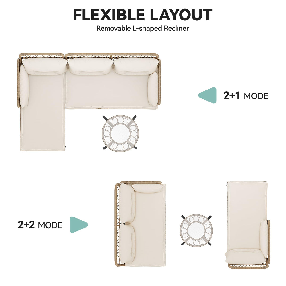 YITAHOME L-Shaped Patio Furniture Outdoor Loveseat Sectional Set for Backyard, Porch with Thick Cushions Detachable Lounger, Side Table (Light Brown+Beige) YITAHOME