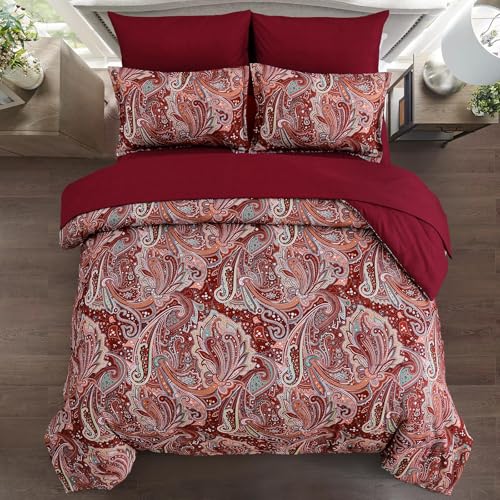 DJY Red Paisley Comforter Set Queen Size, 7 Piece Bed in a Bag Boho Paisley Pattern Comforter Set, Soft Lightweight Microfiber Reversible Bedding Set for All Season (90''x90'') DJY